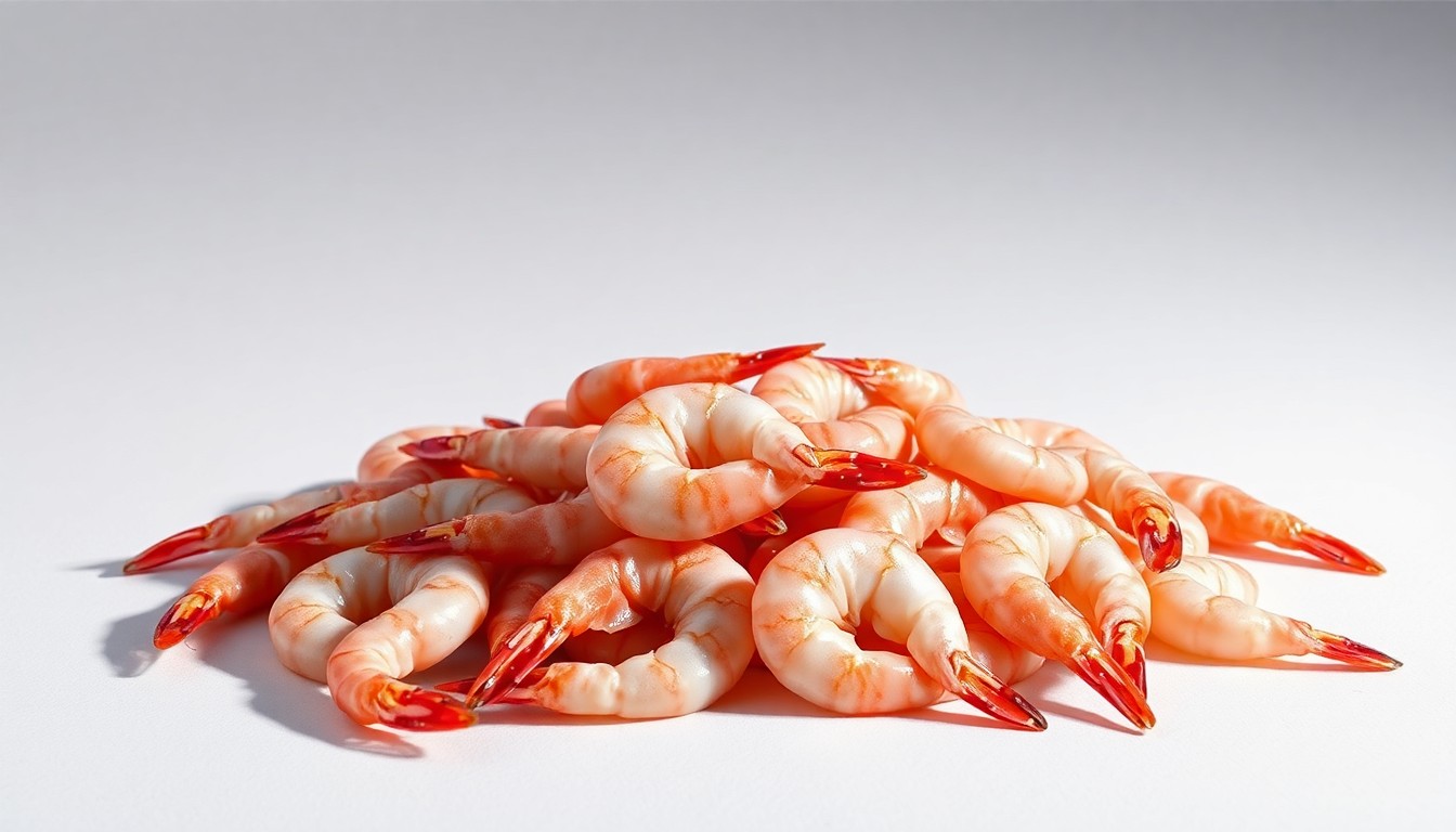 A high-end, photorealistic studio still-life photograph featuring a pile of fresh, uncooked shrimp arranged elegantly on a clean, monochromatic background. The shrimp are lit dramatically with sharp shadows, conceptually representing the abstract corporate strategy and financial risks behind Red Lobster's decision.