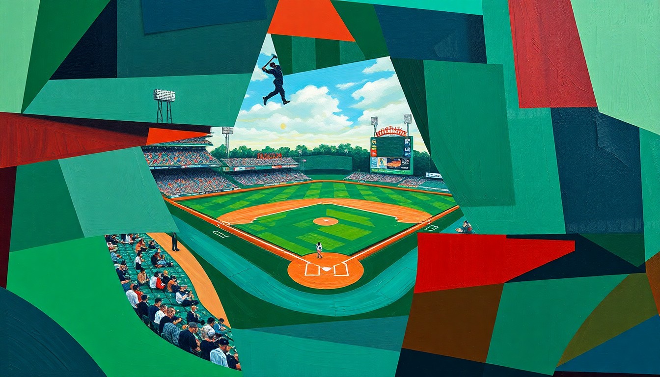 A fragmented, geometric painting depicting a baseball game in progress, with sharp planes of color and overlapping perspectives conveying the dynamic nature of the sport.