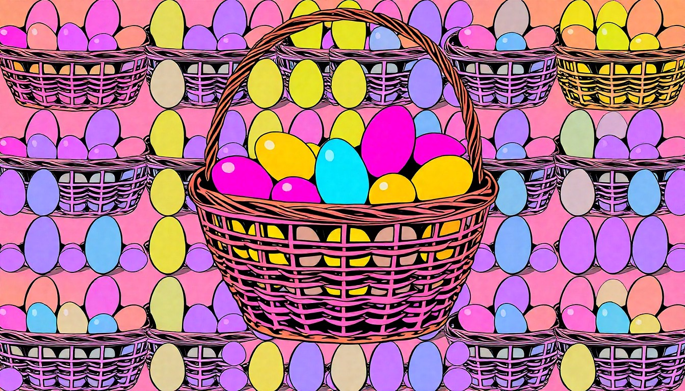 A bold, graphic illustration of a repeating pattern of a single, iconic Easter basket filled with colorful eggs, rendered in a high-contrast, silkscreen pop art style with a neon color palette.