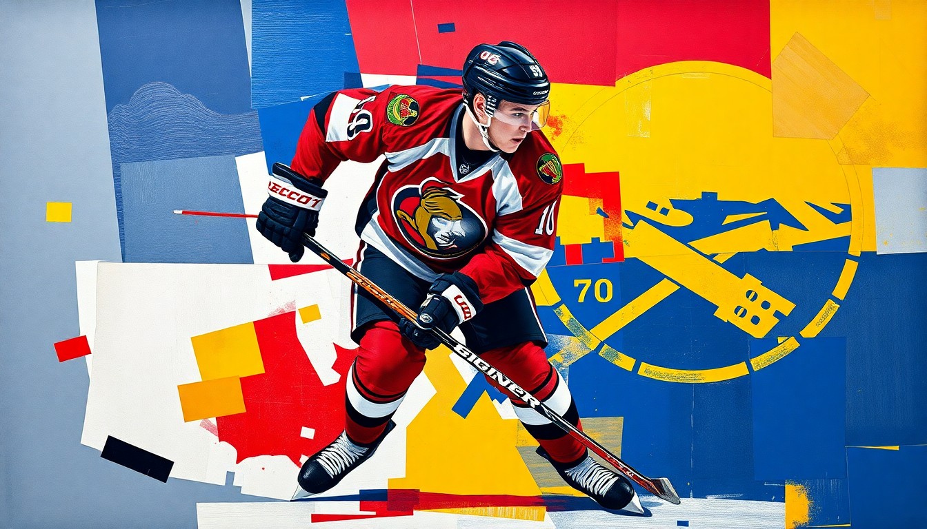 A fragmented, cubist-style painting depicting a hockey player in mid-motion, with sharp geometric shapes and planes in the official team colors of the Ottawa Senators and Buffalo Sabres, conceptually representing the NHL's enforcement of sportsmanship rules.