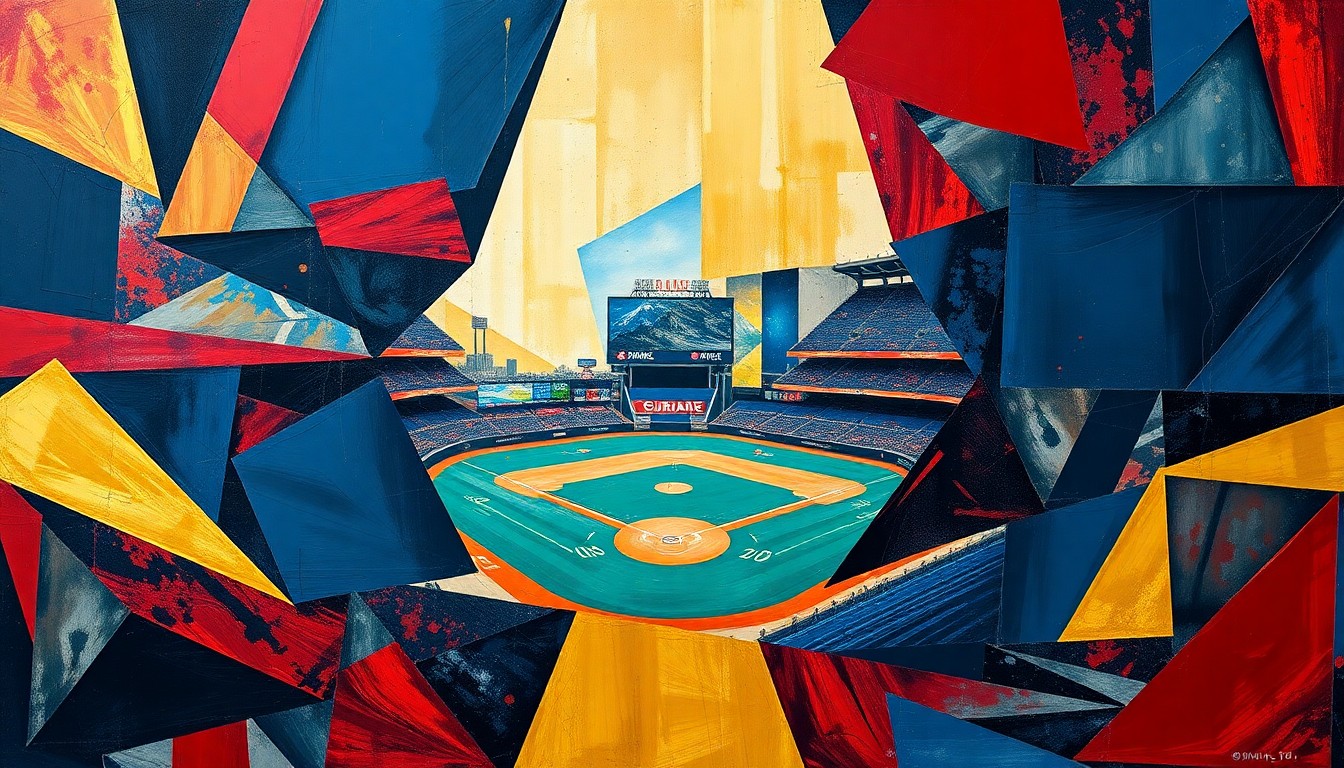 A cubist, geometric painting depicting a Guardians baseball game, with sharp, overlapping planes of navy blue, red, and gold representing the team's gritty, team-first approach to the sport.