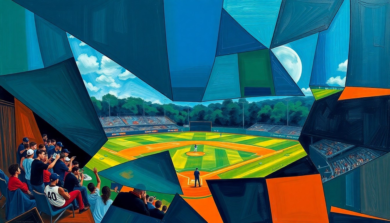 A cubist, geometric painting depicting the dynamic action of a high school baseball game, with players and the field fragmented into sharp, overlapping planes of color.
