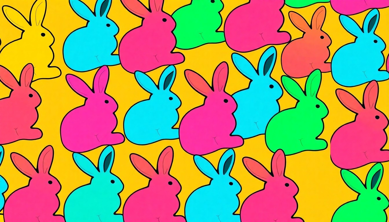 A vibrant, high-contrast silkscreen print of a single, iconic Easter egg repeated in a tight grid pattern, rendered in a bold, neon color palette that transforms the everyday symbol into modern pop art.