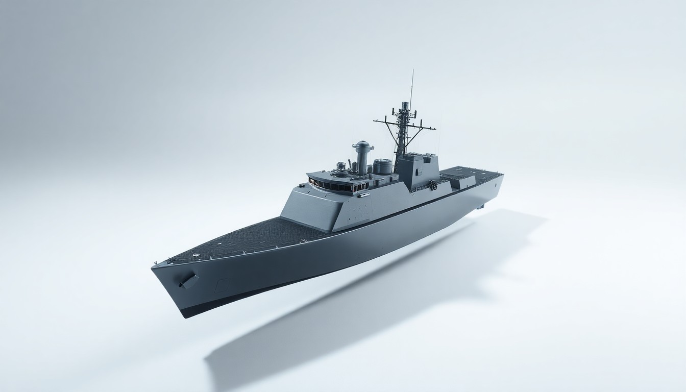A photorealistic studio still-life photograph of a polished, metallic model of the USS George M. Neal (DDG 131) destroyer, floating on a clean, monochromatic background and illuminated by dramatic studio lighting to convey the power and precision of modern naval engineering.