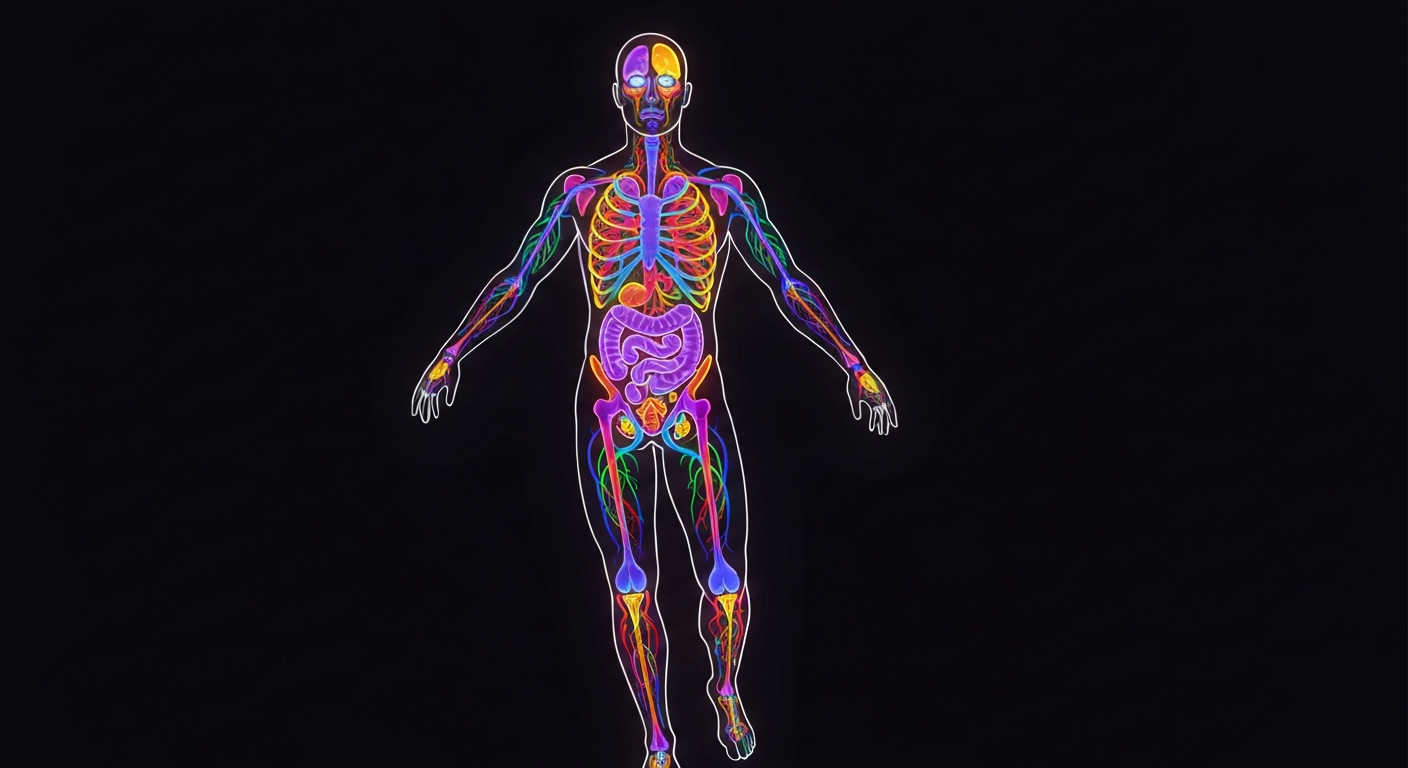 A glowing, neon-outlined figure representing the human body, with various internal organs and systems highlighted in vibrant colors against a dark background, conveying the active, complex nature of the body and the challenges of managing chronic health conditions.