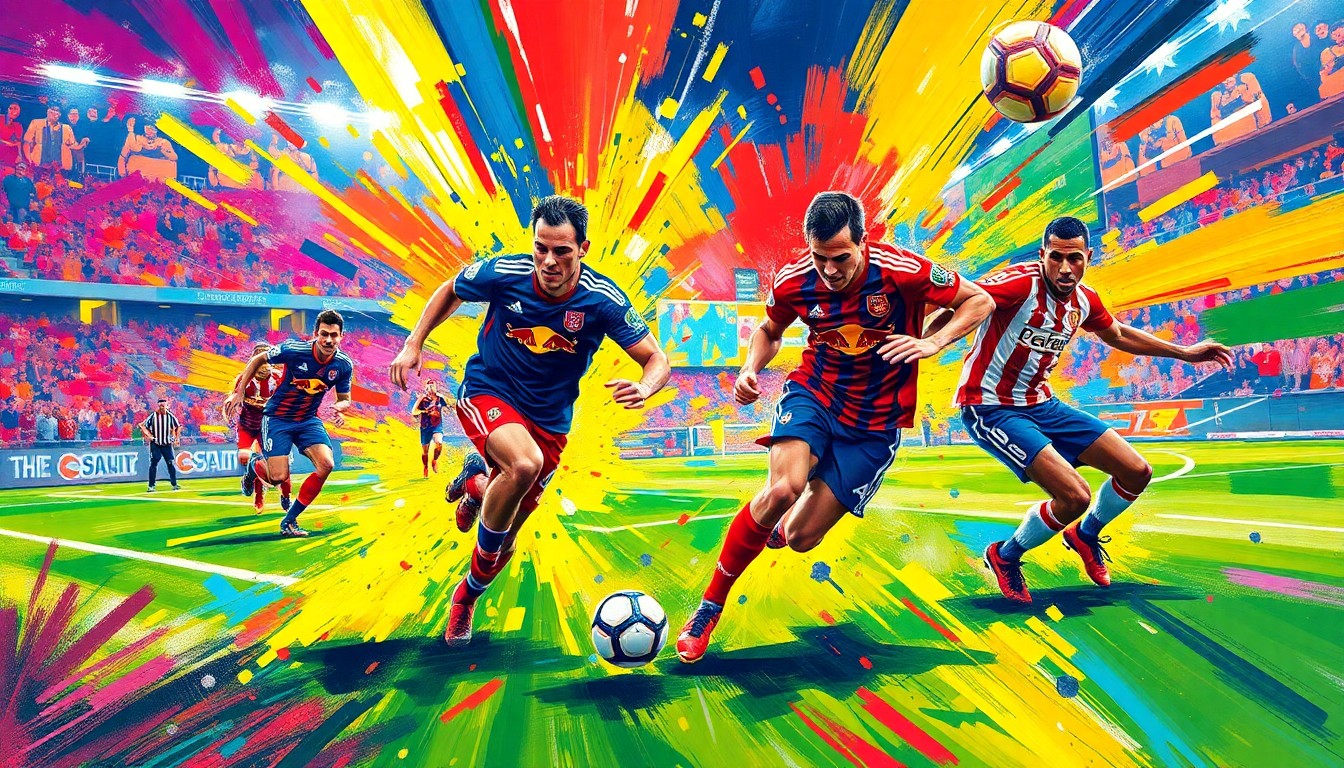 An abstract, energetic painting featuring vibrant brushstrokes of red, blue, and yellow, capturing the dynamic movement and intensity of a soccer match.