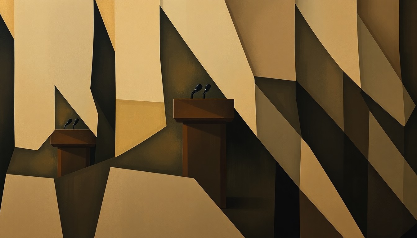 A fractured, abstract painting in muted earth tones depicting a political podium or lectern, conveying a sense of political turmoil and division through the overlapping, geometric shapes and shadows.
