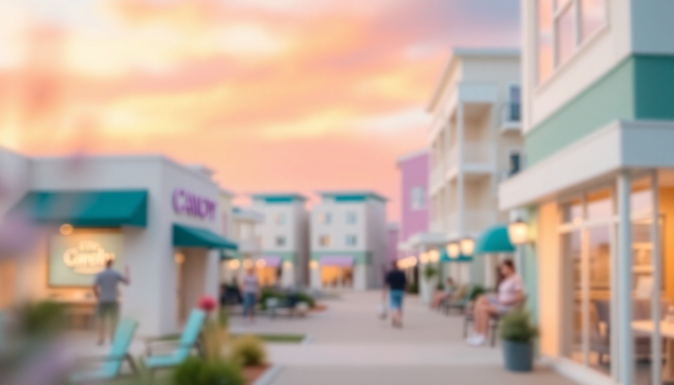 An abstract, out-of-focus scene of blurred shapes and colors in warm, pastel hues representing the coastal lifestyle and community-driven atmosphere of The Canopy's new apartment development.