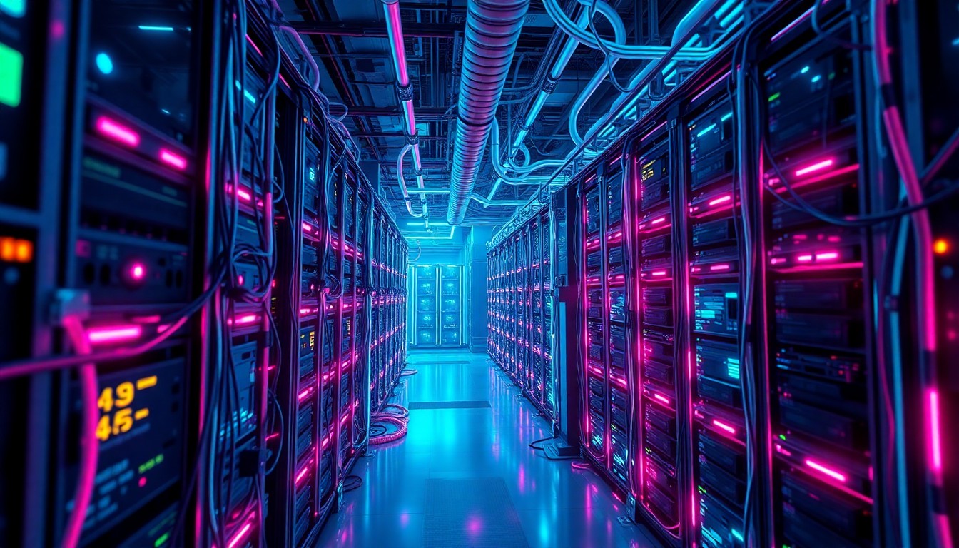 A highly detailed, glowing 3D illustration of a futuristic data center or telecom infrastructure, with neon cyan and magenta lights illuminating the complex network of cables, servers, and other digital components, conceptually representing the technological advancements reshaping the telecom industry.