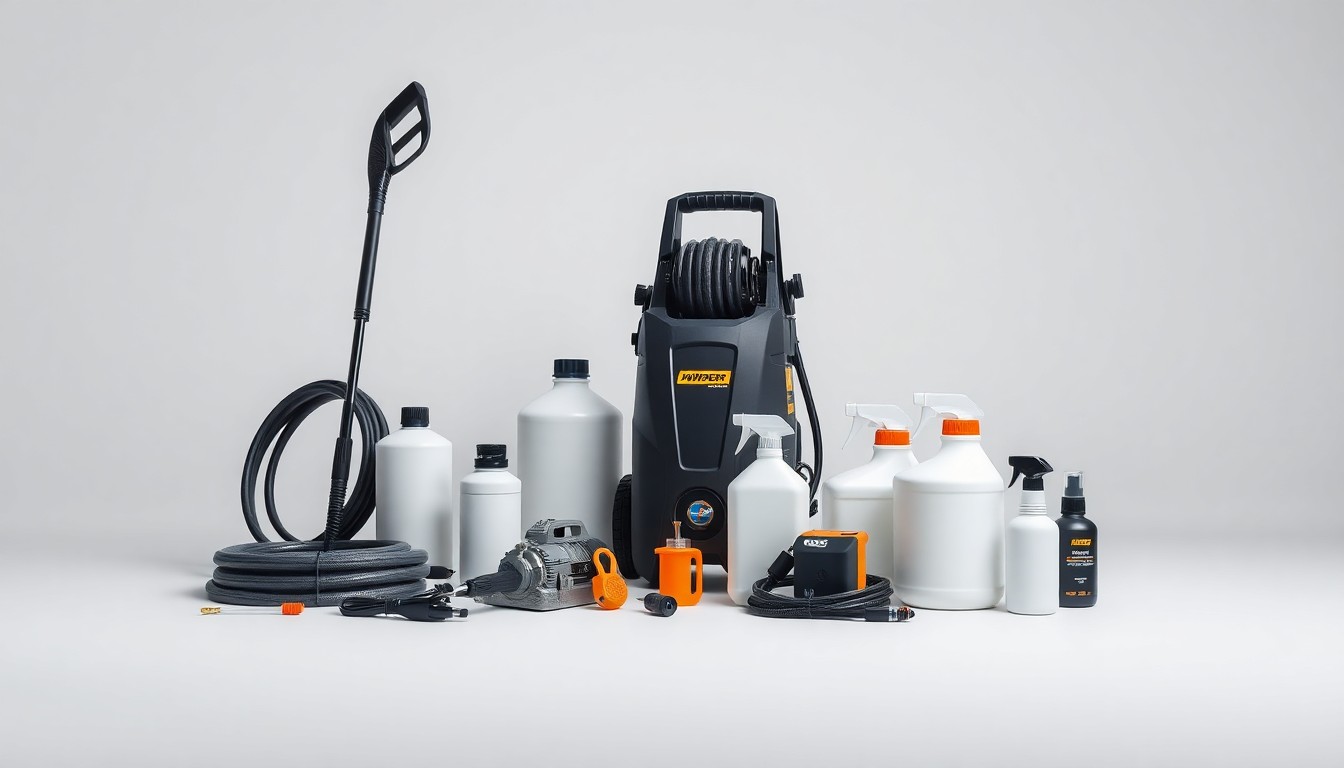 A high-end, photorealistic studio still-life photograph featuring a collection of premium power washing equipment and supplies, including a pressure washer, hose, detergent bottles, and other accessories, arranged elegantly on a clean, monochromatic background to convey the professional-grade quality and reliability of PowerWashing.com's offerings.