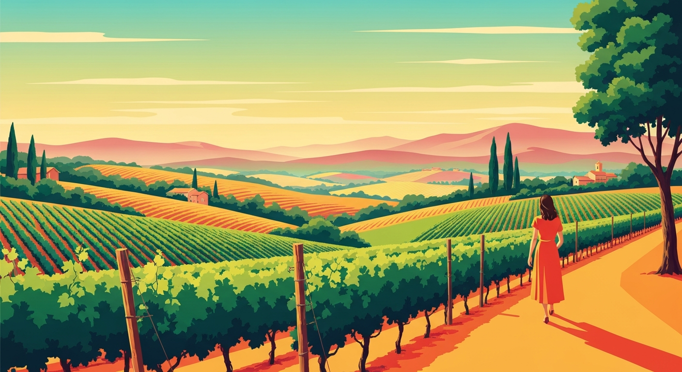 A bold, geometric illustration in the Art Deco style, depicting the sweeping landscape of rolling hills and vineyards in the Charlottesville region, conveying the grandeur and romance of the spring wine tour season.