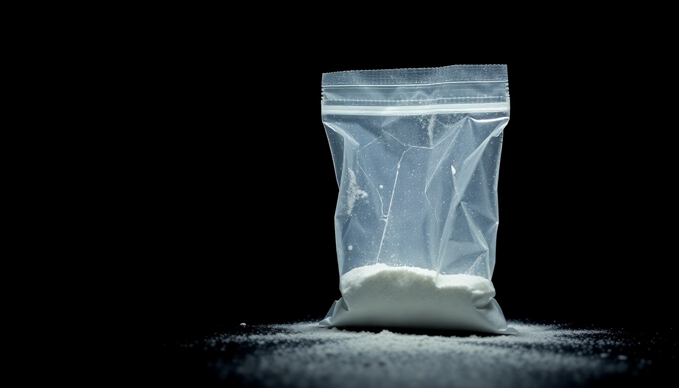 An extreme close-up photograph of a small plastic bag containing white powder, lit by a harsh, direct camera flash against a pitch-black background, conceptually illustrating the discovery of illicit drugs during a law enforcement investigation.