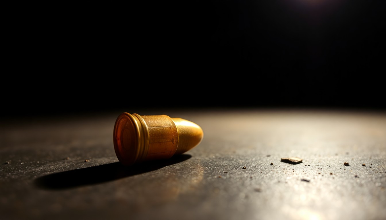 An extreme close-up photograph of a single spent shell casing on a dark, textured surface, lit by a harsh, direct camera flash, conceptually representing the evidence of a fatal shooting.
