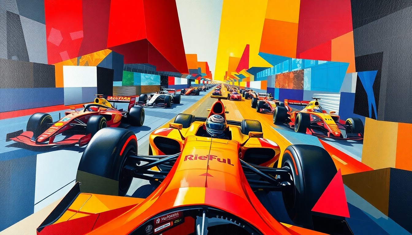 A cubist, geometric painting depicting the fragmented, multi-perspective action of a Formula 1 qualifying session, with the drivers' cars and the circuit itself broken down into sharp, overlapping planes of color, conveying the technical complexity and tension of the moment.