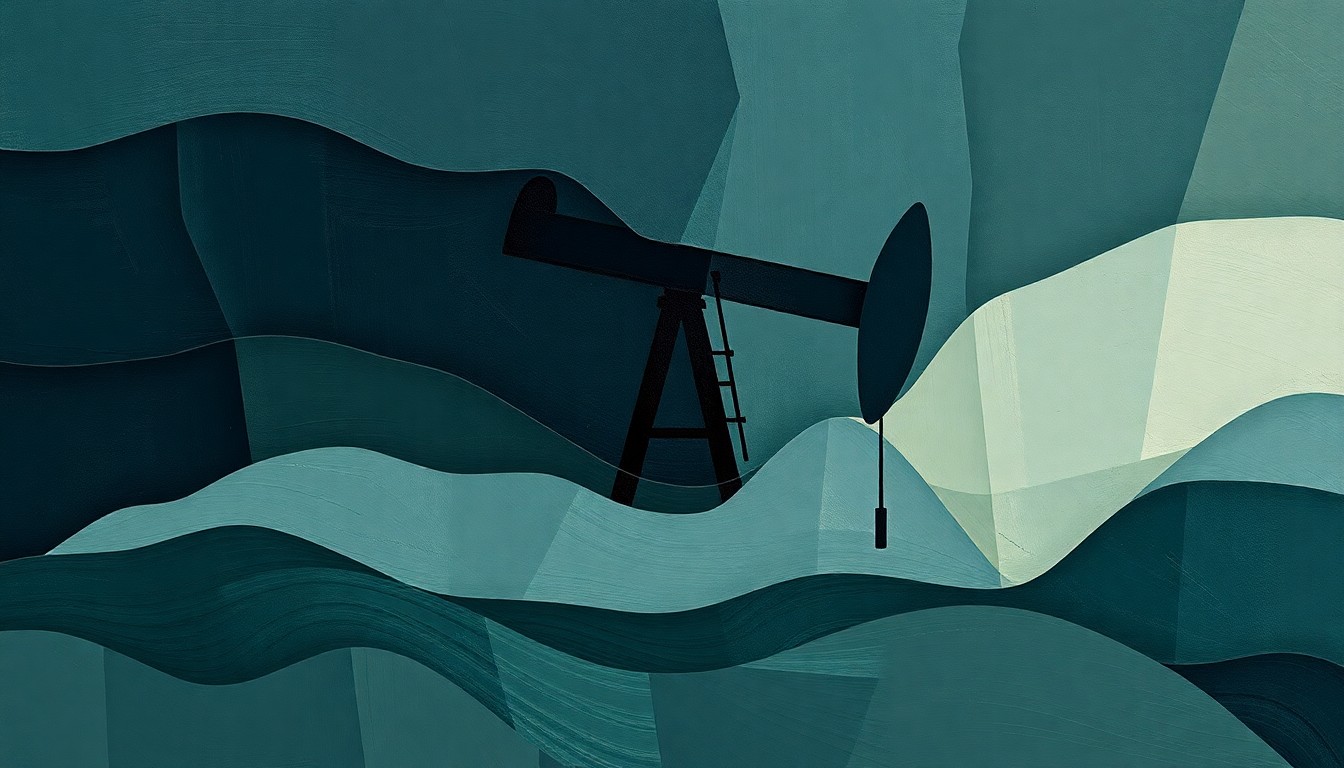 A fractured, abstract painting depicting an oil pump jack in overlapping geometric shapes and muted colors, conveying the turbulent economic impacts of the war.