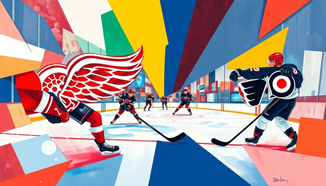 A cubist, geometric painting depicting a hockey game in motion, with sharp, overlapping shapes and planes in the colors of the Detroit Red Wings and Philadelphia Flyers.
