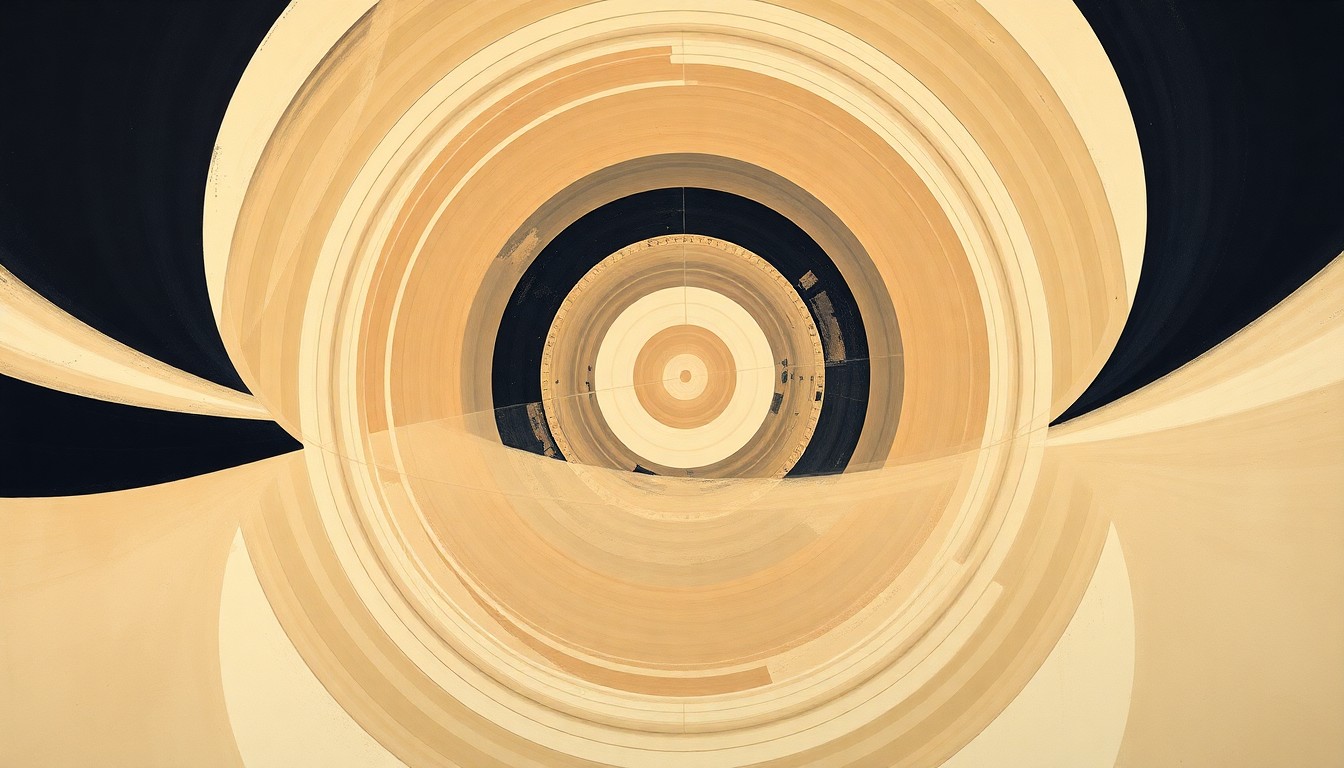 A highly structured abstract painting in muted earth tones, featuring sweeping geometric arcs, concentric circles, and precise botanical spirals, conceptually representing the complex scientific and political forces behind the proposed nuclear canal project.