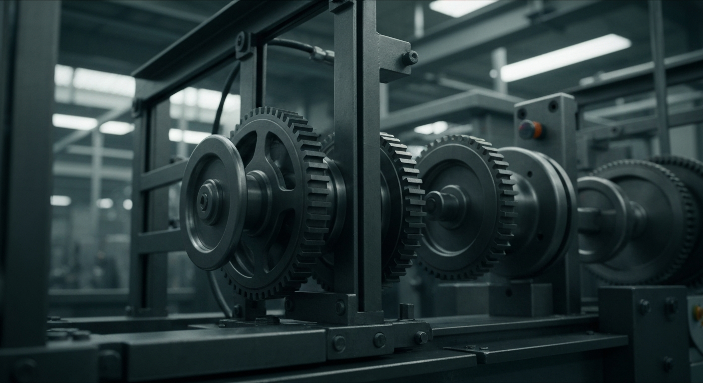 An extreme close-up of the intricate machinery and mechanisms inside a high-tech shoe manufacturing plant, conveying the industrial might and technical precision behind Rocky Brands' premium products.