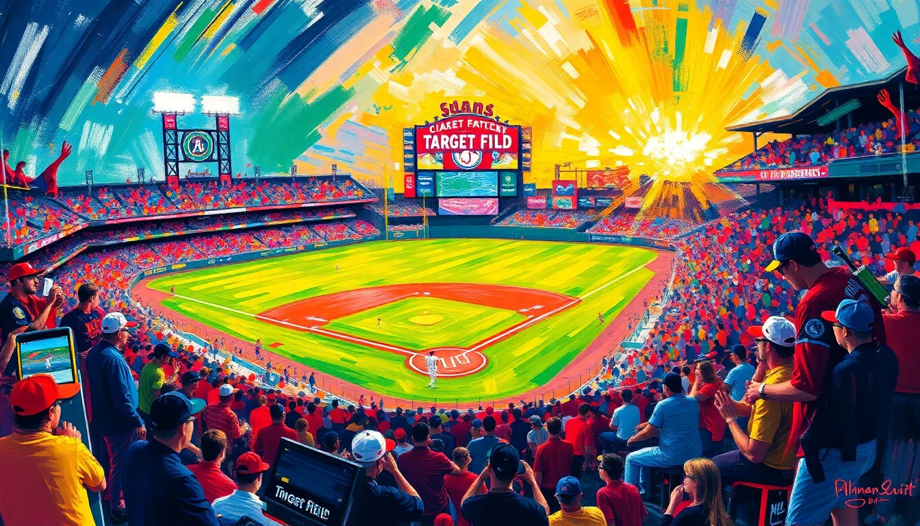 An abstract, expressionist painting featuring bold, neon-colored brushstrokes that evoke the dynamic energy and excitement of a baseball game.