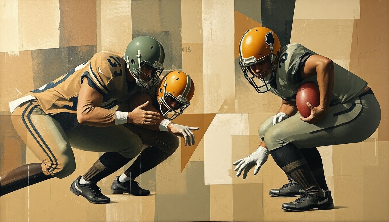 A fractured, geometric painting depicting the overlapping movements and perspectives of an offensive line, conveying the technical complexity and physicality of the center position.