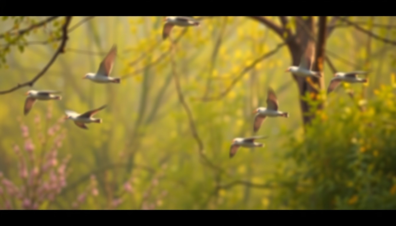 An abstract, impressionistic photograph in soft, diffused light showing the silhouettes of birds in flight against a blurred background of green leaves and branches, conveying the tranquil atmosphere of birdwatching in a local park.