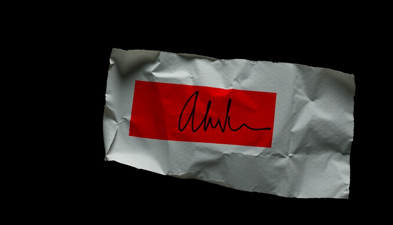 An extreme close-up photograph of a crumpled, torn document with a redacted signature, lit by a harsh, direct camera flash against a pitch-black background, conceptually representing the evidence of an identity theft and fraud scheme.
