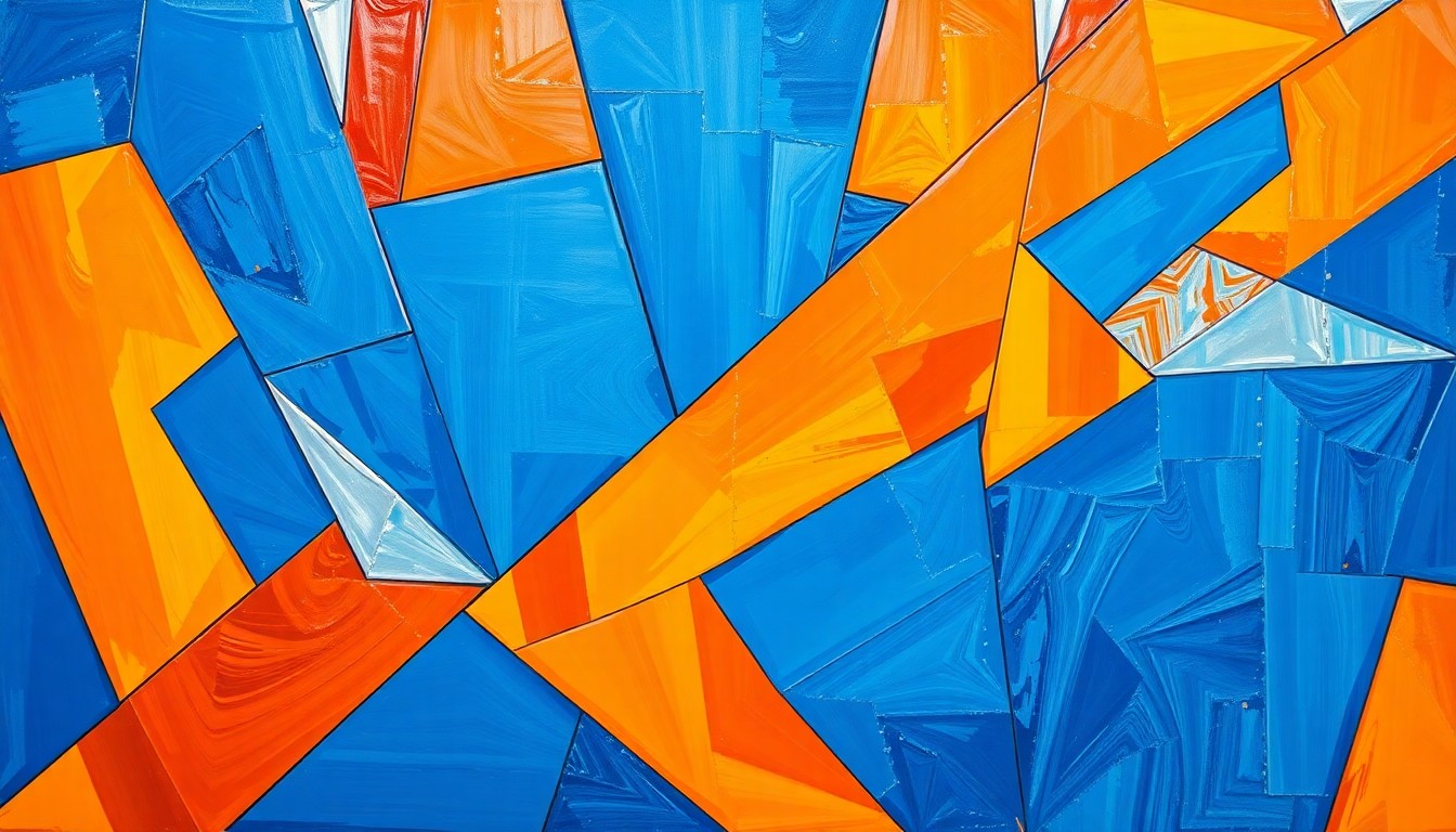 A cubist, geometric painting featuring overlapping planes of bright blue, orange, and silver, conceptually representing the dynamic energy and multi-faceted nature of a WNBA basketball game.