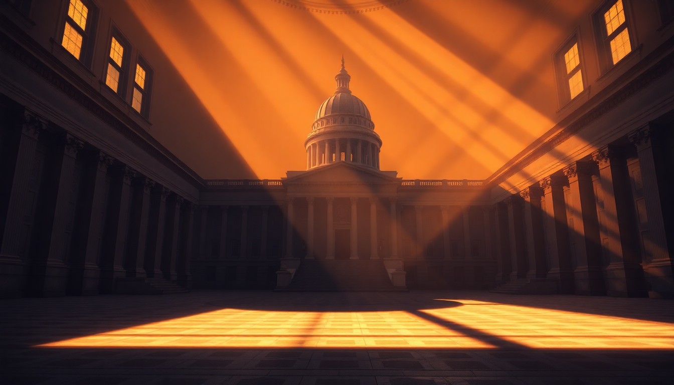 A serene, cinematic painting of an empty Ohio state capitol building, its grand architecture and columns cast in warm, golden light and deep shadows, conveying a sense of political tension and uncertainty.