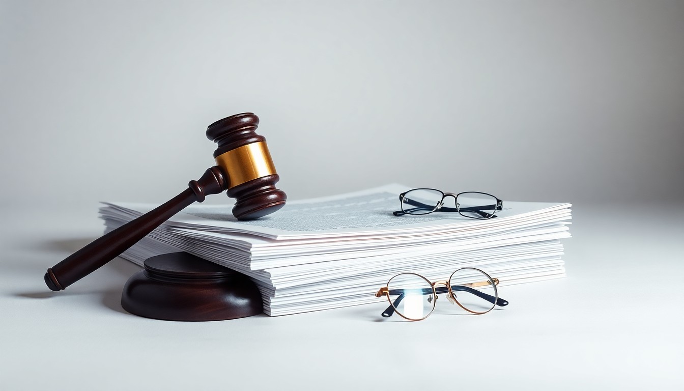 A photorealistic studio still life featuring a stack of legal documents, a gavel, and a pair of reading glasses, symbolizing the legal and regulatory work of the Commodity Futures Trading Commission.