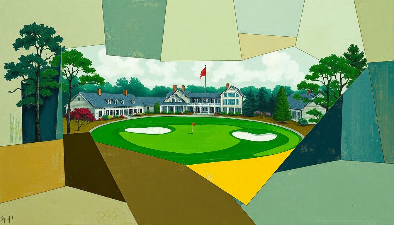 A cubist-style painting featuring overlapping geometric shapes in muted greens, browns, and blues, abstractly depicting elements of the Masters golf tournament and Augusta National Golf Club.