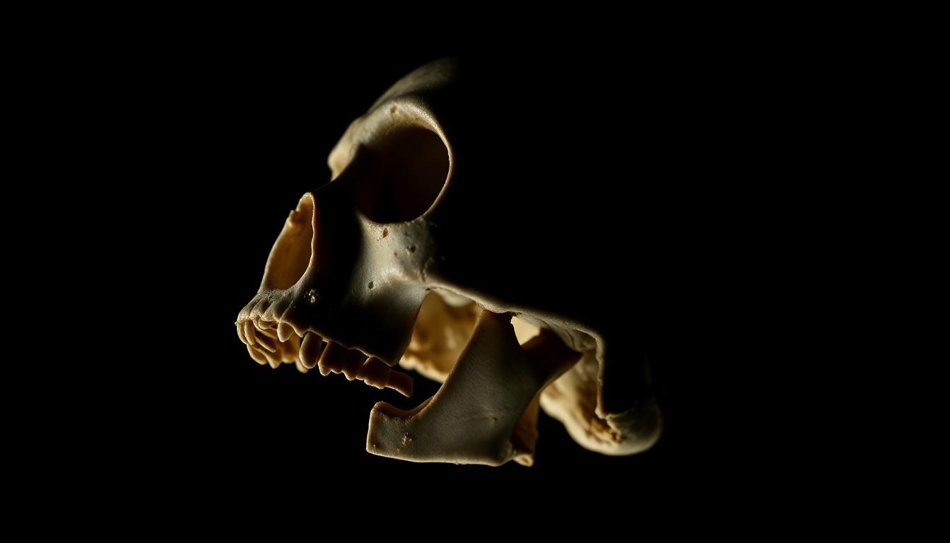 An extreme close-up photograph of a human skull fragment, with dramatic lighting and stark contrast, conceptually representing the investigative process of identifying unknown remains.