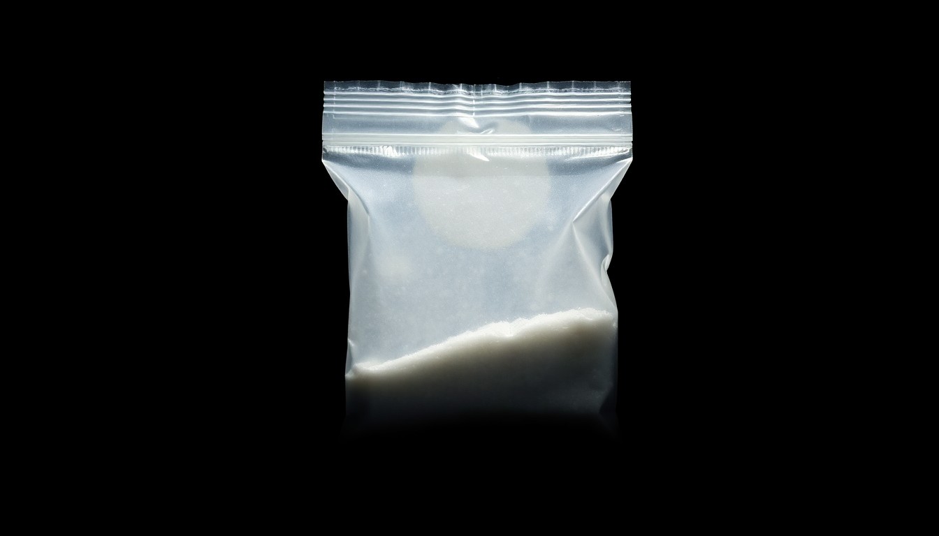 An extreme close-up photograph of a small plastic baggie containing a white powdery substance, lit by a harsh, direct camera flash against a pitch-black background, conceptually illustrating the evidence seized during a drug-related traffic stop.