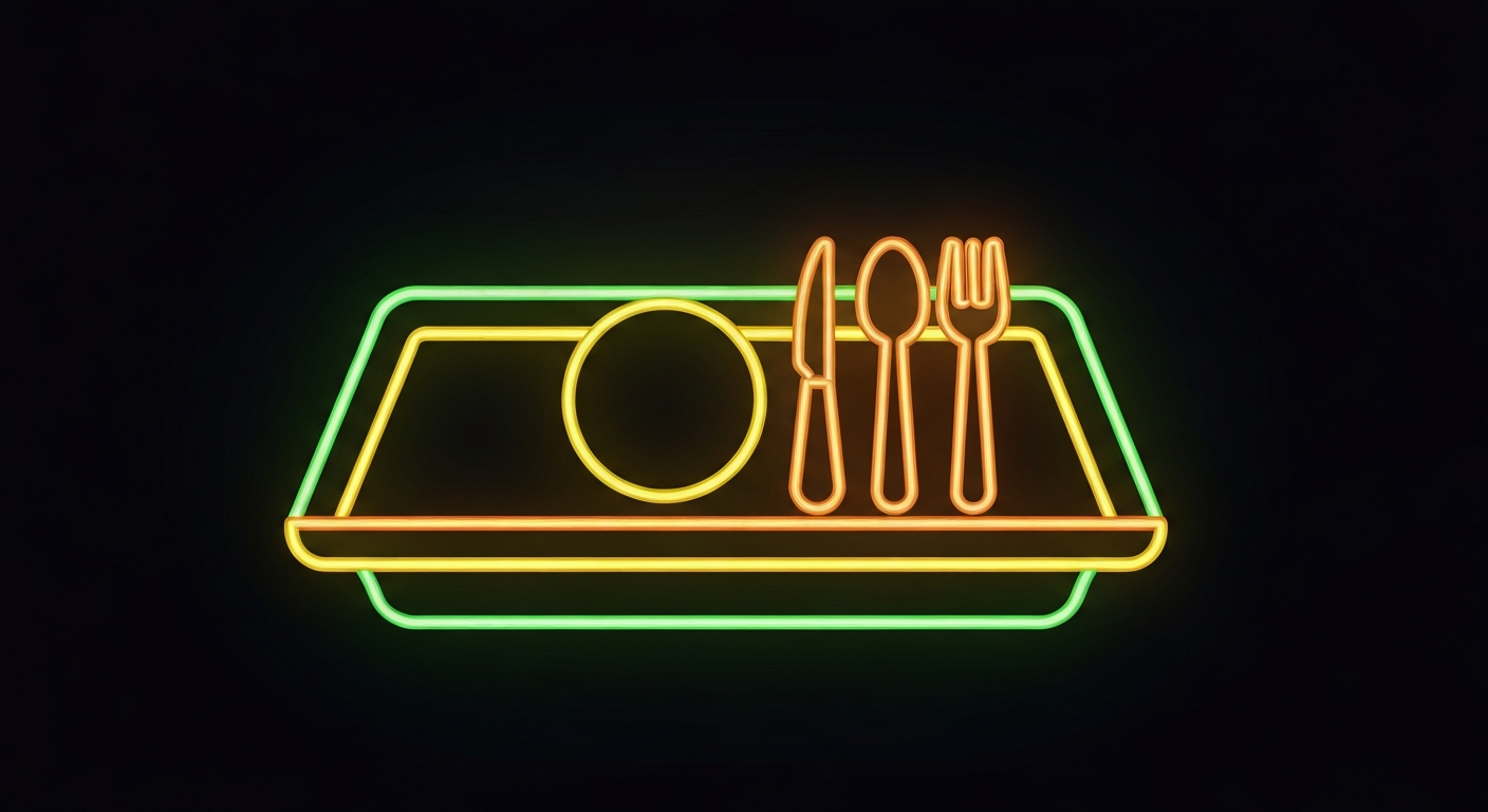 A glowing neon outline of a meal tray with utensils, the vibrant lines capturing the energy and purpose of meal delivery services to vulnerable populations.