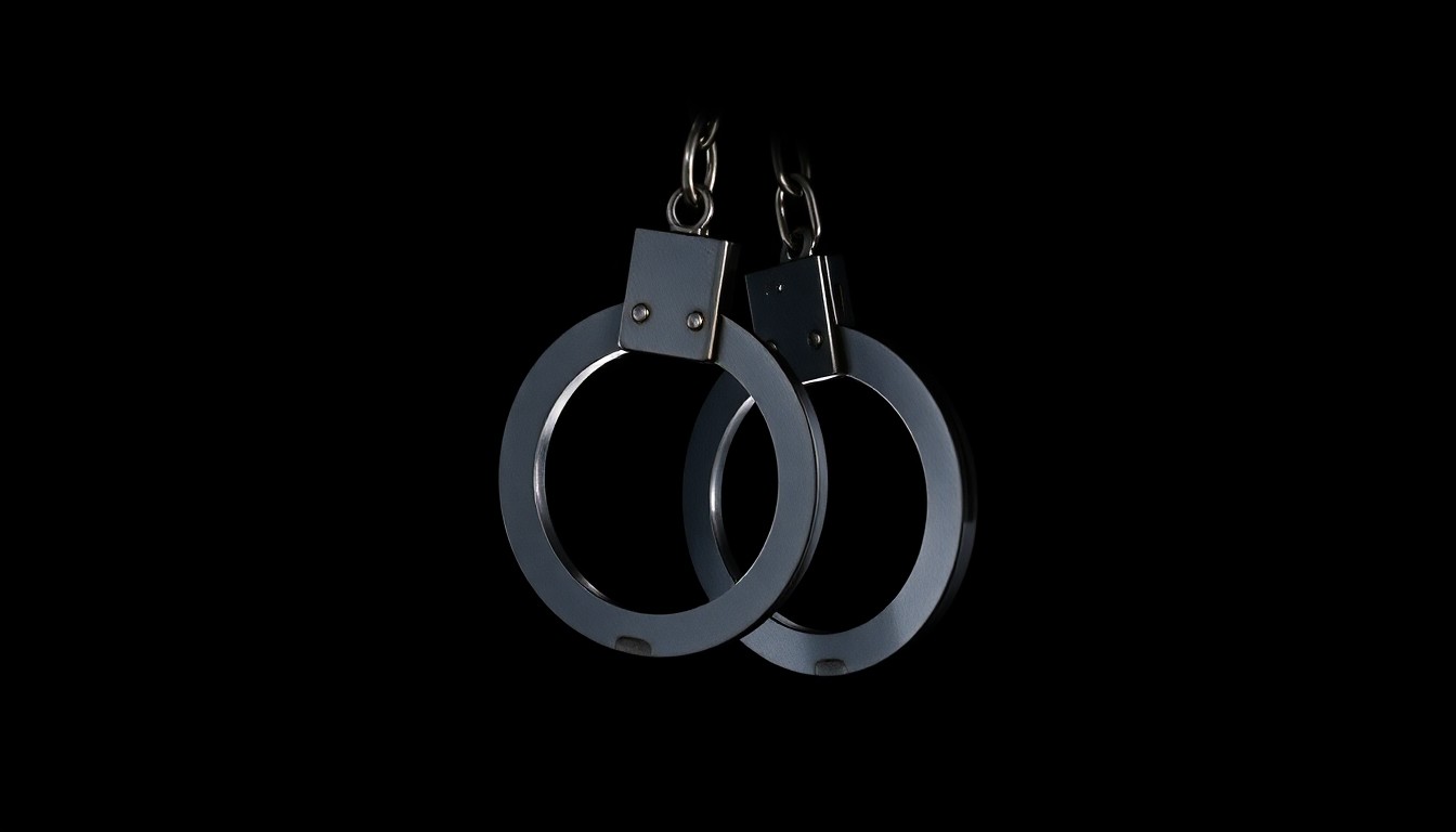 An extreme close-up photograph of a set of handcuffs against a pitch-black background, creating a stark, gritty, investigative aesthetic.
