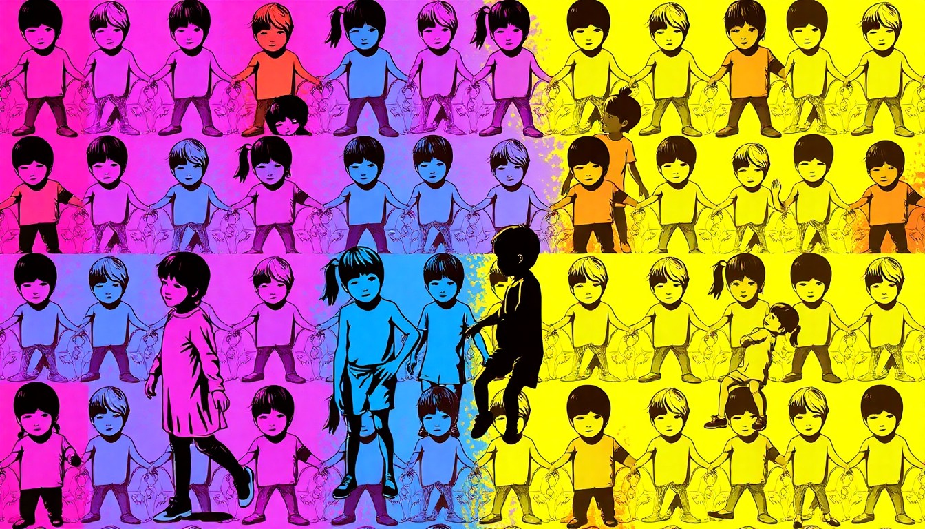 A high-contrast, silkscreen-style illustration depicting a group of children playing on a colorful playground set, repeated in a grid pattern with a vibrant, neon color palette that captures the fun and energy of a summer camp program.