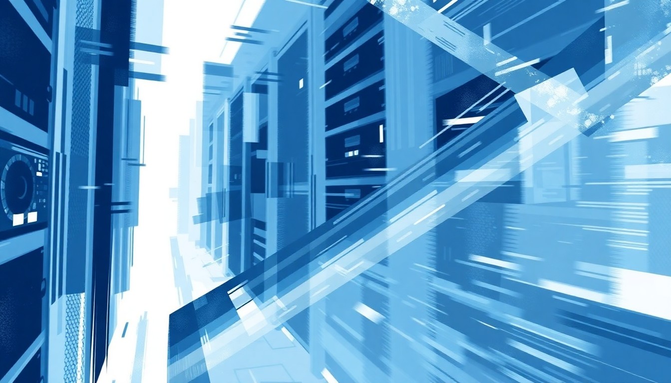 An abstract, fragmented painting depicting a data server rack in shades of blue, grey, and white, with overlapping geometric shapes and blurred motion lines to convey the fast-paced, technology-driven nature of the data center industry.