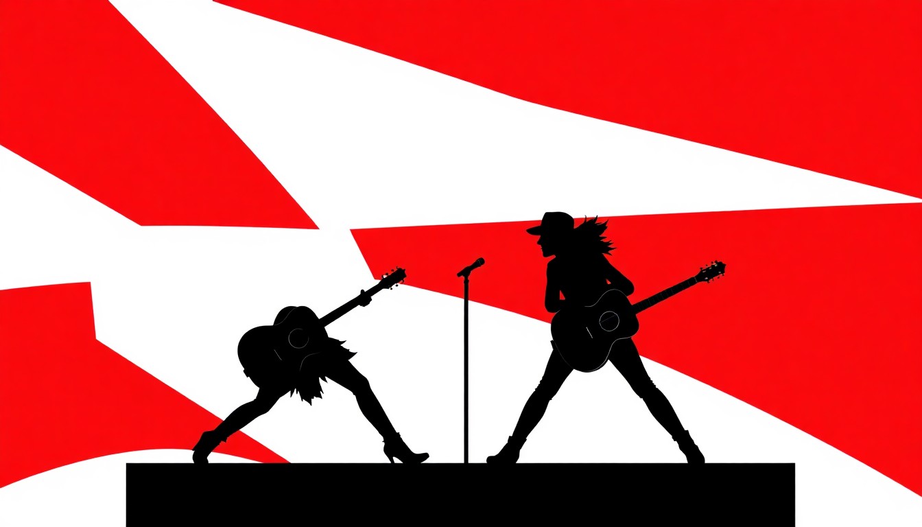 An abstract, minimalist illustration featuring bold, jagged geometric shapes in red and white, conceptually representing the country music duo Maddie & Tae and the energy of their farewell performance.