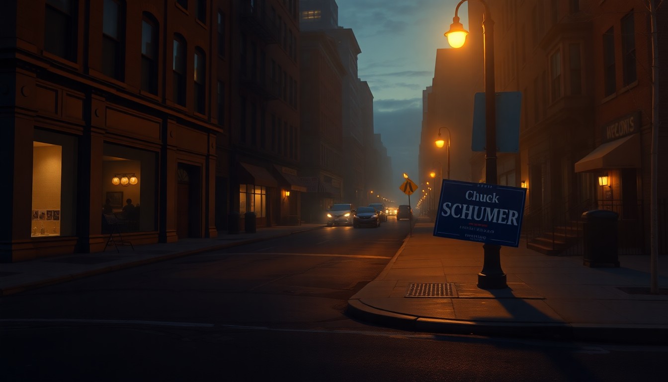 A cinematic painting of a dimly lit New York City street corner at dusk, with a lone campaign sign for 'Chuck Schumer' leaning against a lamppost, conveying a sense of political isolation and vulnerability.