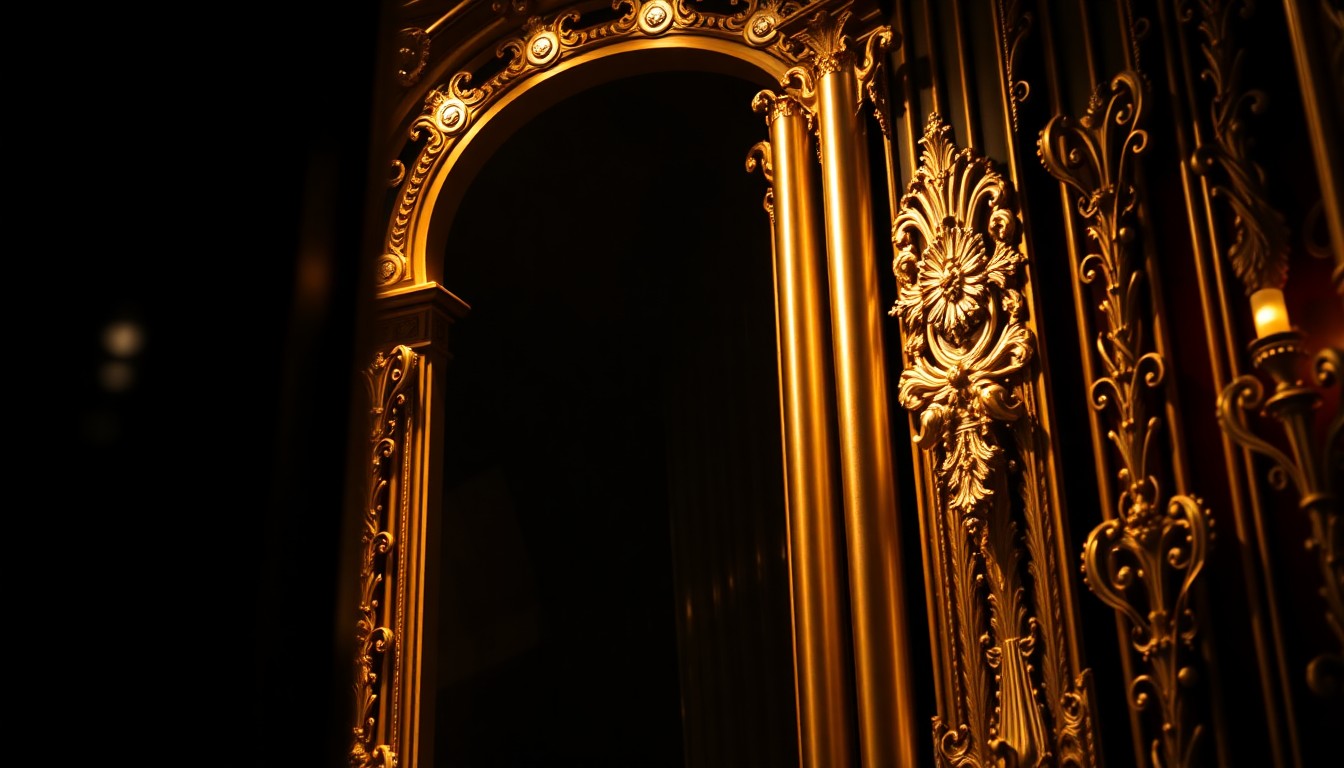 An extreme close-up of the ornate, golden pipes and intricate carved details of a theatrical pipe organ, bathed in dramatic studio lighting to create a sense of high-stakes glamour and anticipation.