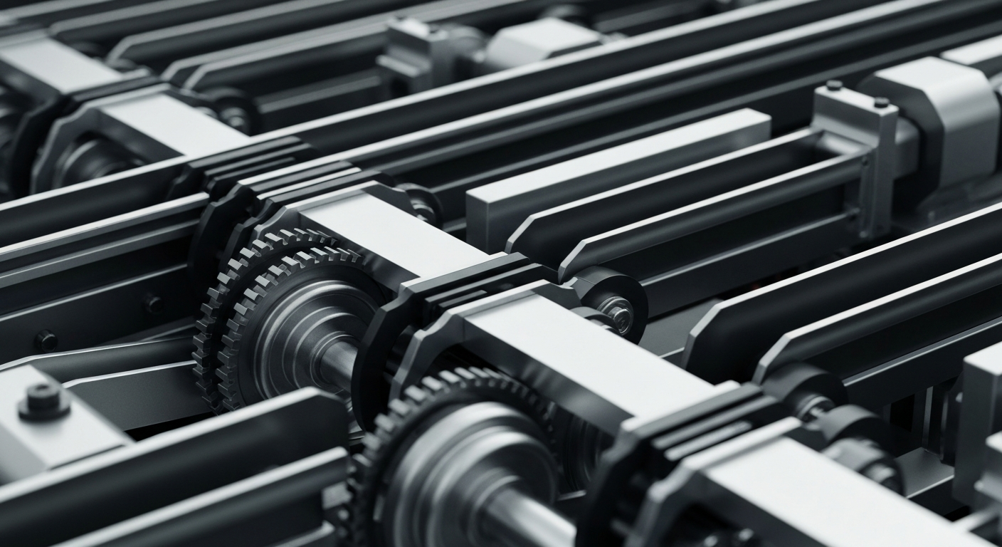 A dramatic close-up of the intricate mechanisms and heavy machinery that make up the supply chain and logistics of the fashion retail industry, representing the competitive forces shaping the performance of companies like Fossil Group and Lulu's Fashion Lounge.