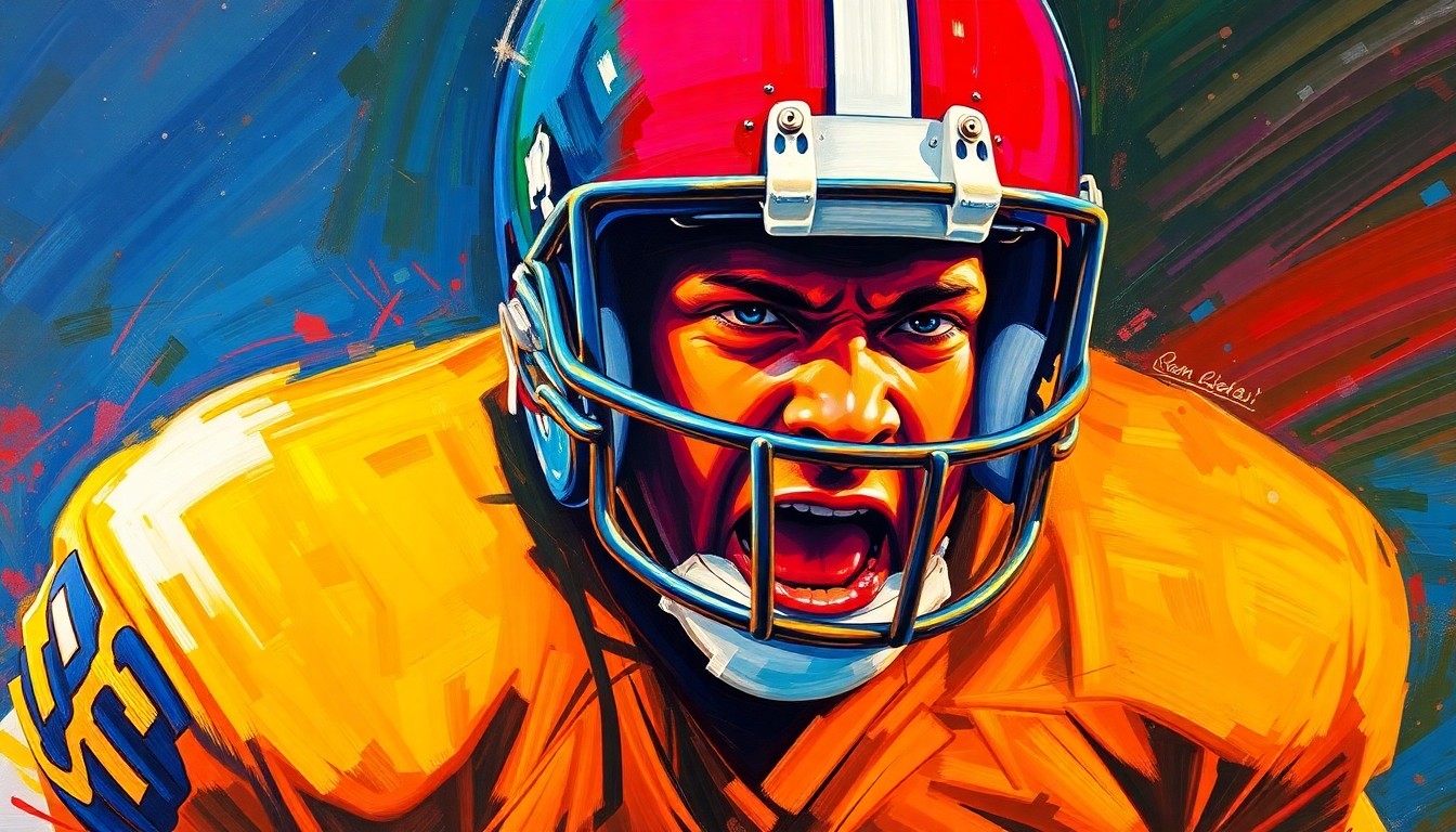 An abstract, expressionist painting in neon colors depicting the dynamic energy and intensity of a football player, representing the passion and expectations surrounding the Auburn football program.