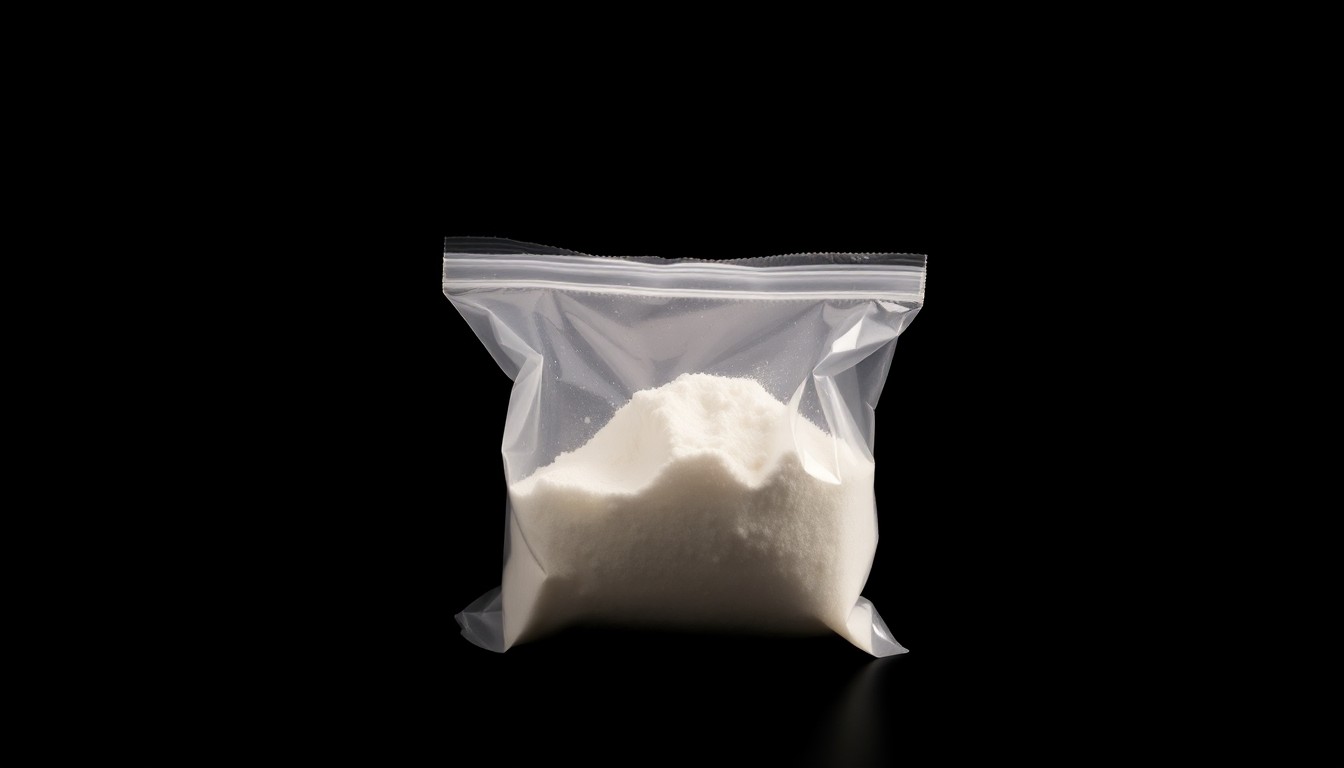 An extreme close-up of a small plastic bag containing an unidentified white powder substance, dramatically lit by a harsh flash against a pitch-black background, conveying the gritty, investigative nature of this criminal case.