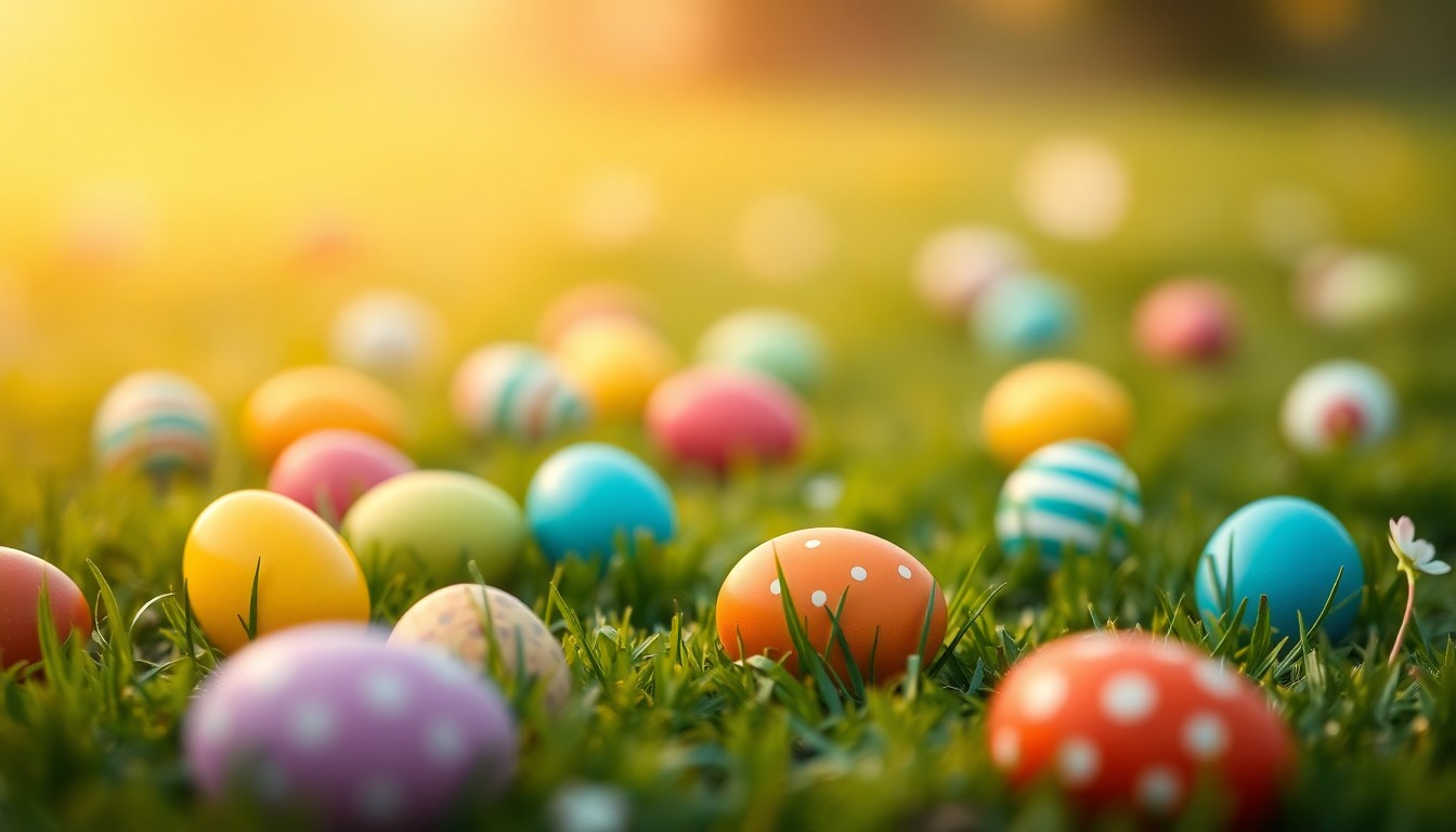 A dreamlike, impressionistic scene of vibrant Easter eggs in soft focus, evoking the festive spirit of the cancelled community event.