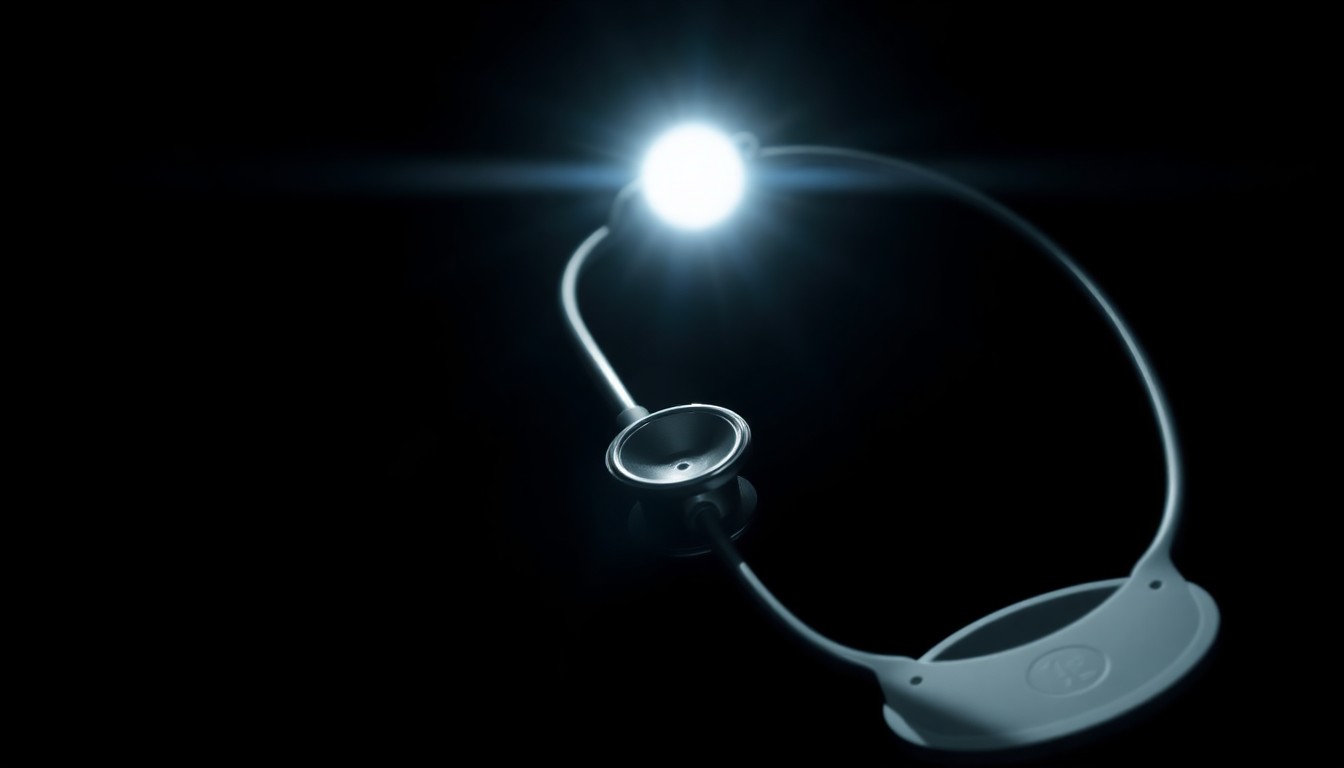 An extreme close-up photograph of a stethoscope or medical equipment, lit by a harsh, direct camera flash against a pitch-black background, conceptually representing the stark, gritty investigation into Medicaid fraud and abuse.