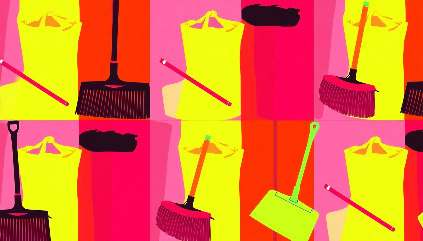 A bold, colorful grid of repeated cleanup tools like rakes, brooms, and trash bags, rendered in a high-contrast pop art style that captures the celebratory energy of a community-wide effort to beautify the city.