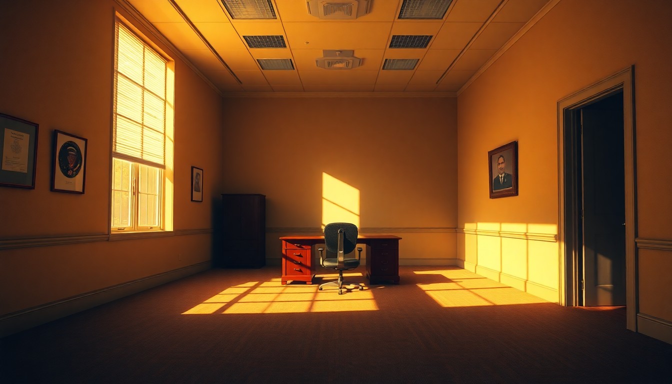 A quiet, cinematic painting of an empty government office space with a lone desk and chair in the center, bathed in warm, diagonal sunlight and deep shadows, conceptually illustrating the tension between federal and state responsibility for child care funding.