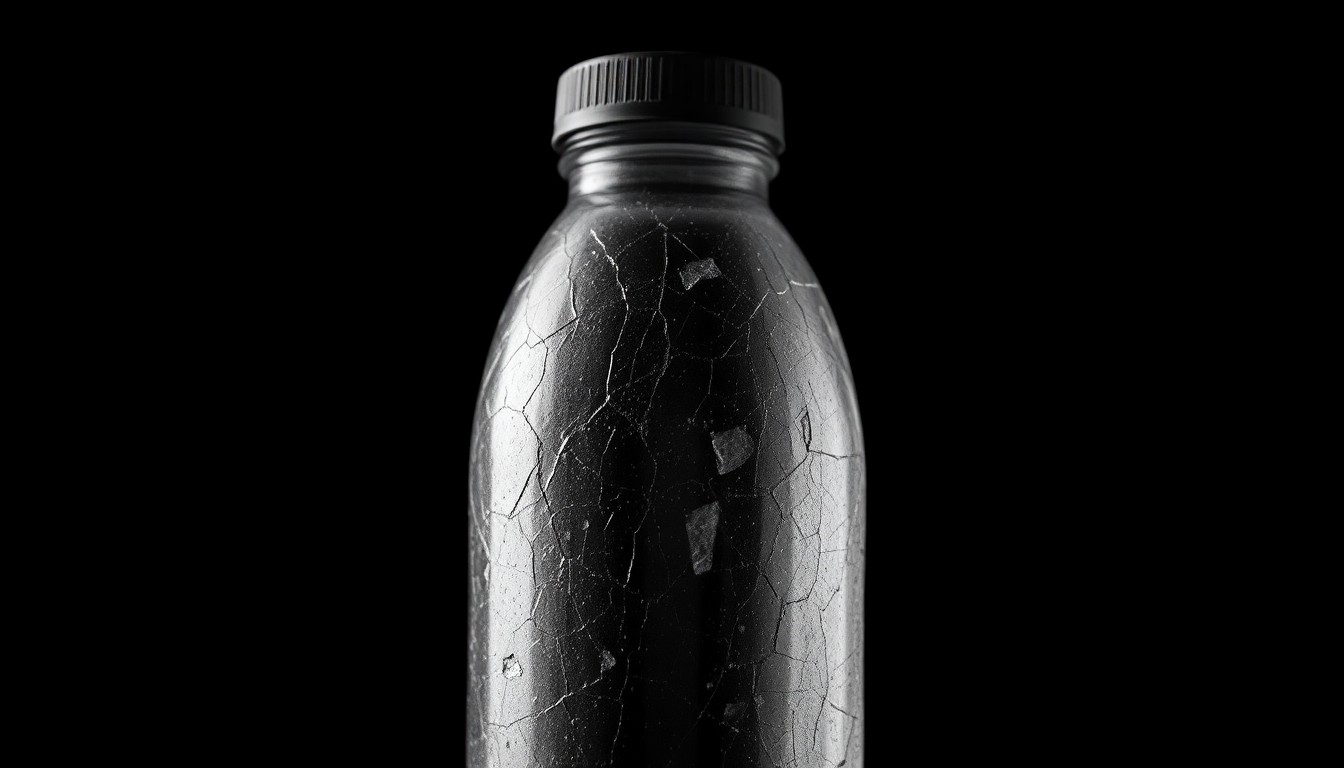 An extreme close-up of a dented metal water bottle, its surface marred by cracks and imperfections, conveying a sense of violence and tragedy without depicting any actual harm.