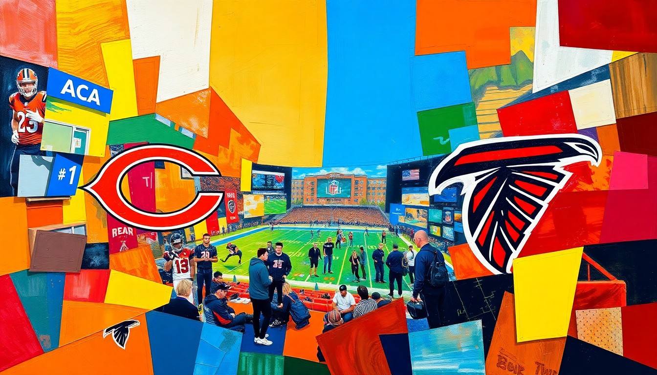 A cubist, geometric painting depicting fragmented and overlapping shapes in the colors of the Bears and Falcons organizations, conceptually representing the complex dynamics behind the NFL's diversity hiring rules.
