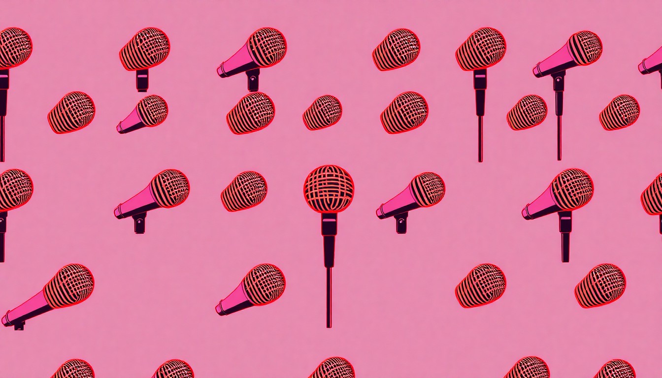 A high-contrast, neon-colored silkscreen print of a comedy microphone repeated in a grid, capturing the vibrant energy and pop art spirit of a local comedy scene.