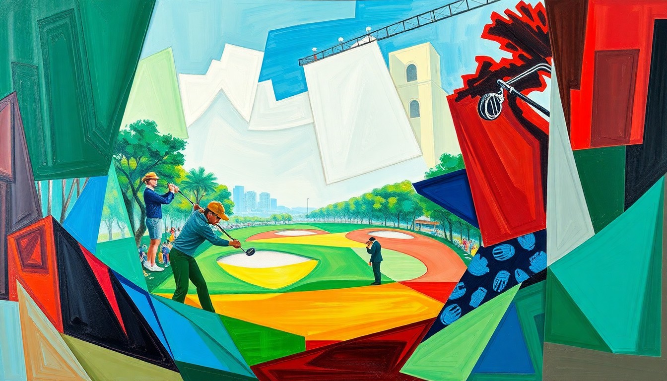 A fragmented, geometric painting in bold colors depicting various elements of a women's golf tournament, such as players, clubs, and the course, without any identifiable faces or logos.